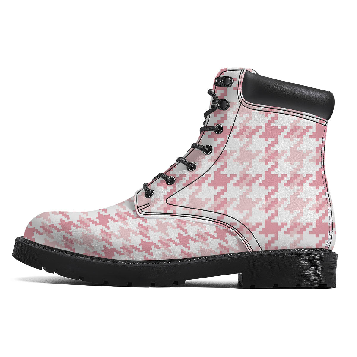 Pink Pastel And White Houndstooth Print Boots-grizzshop