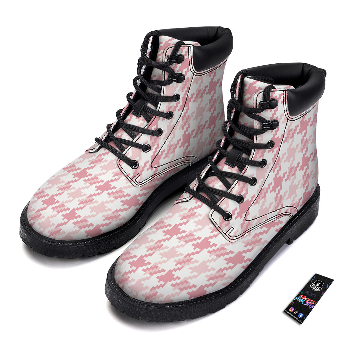 Pink Pastel And White Houndstooth Print Boots-grizzshop