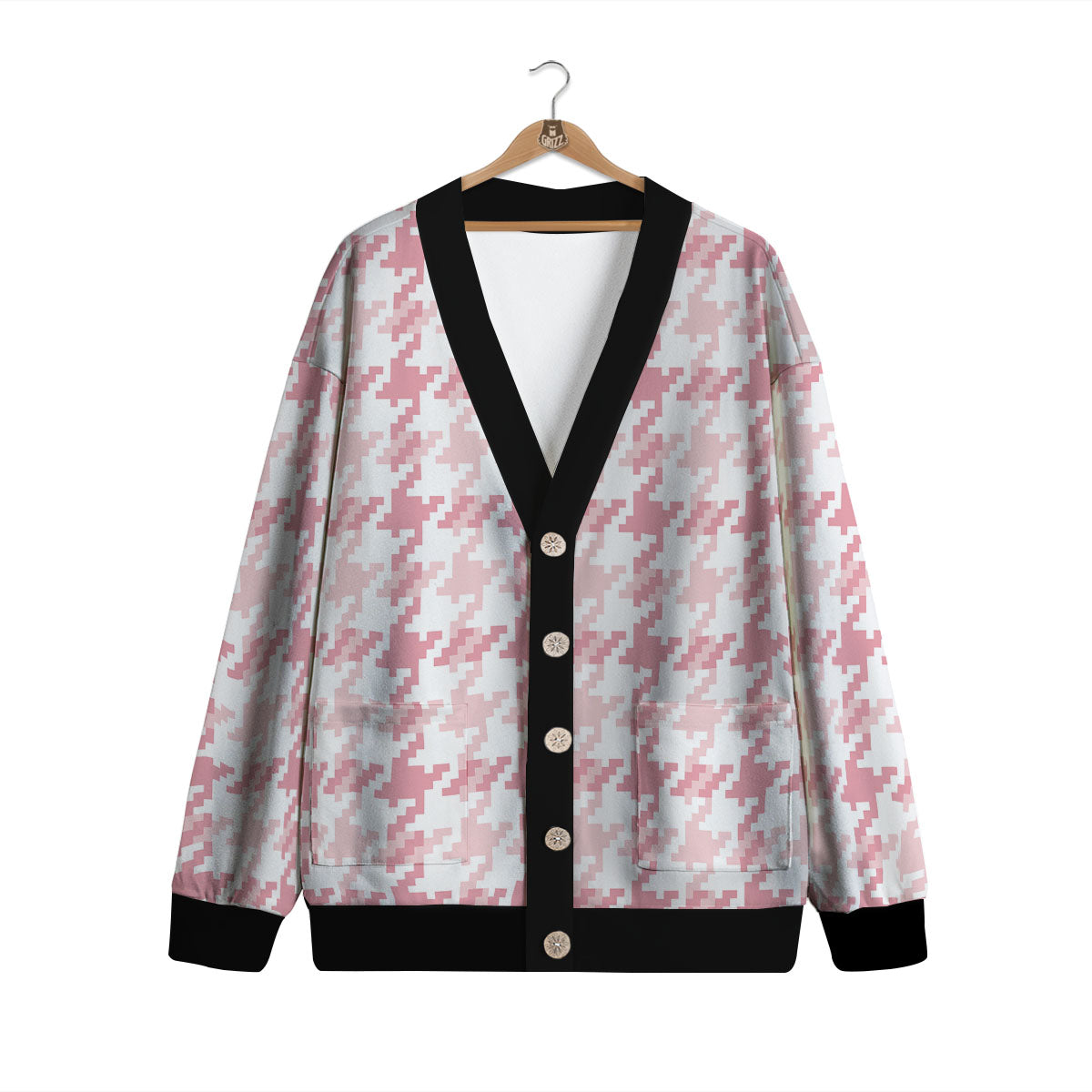 Pink Pastel And White Houndstooth Print Cardigan-grizzshop