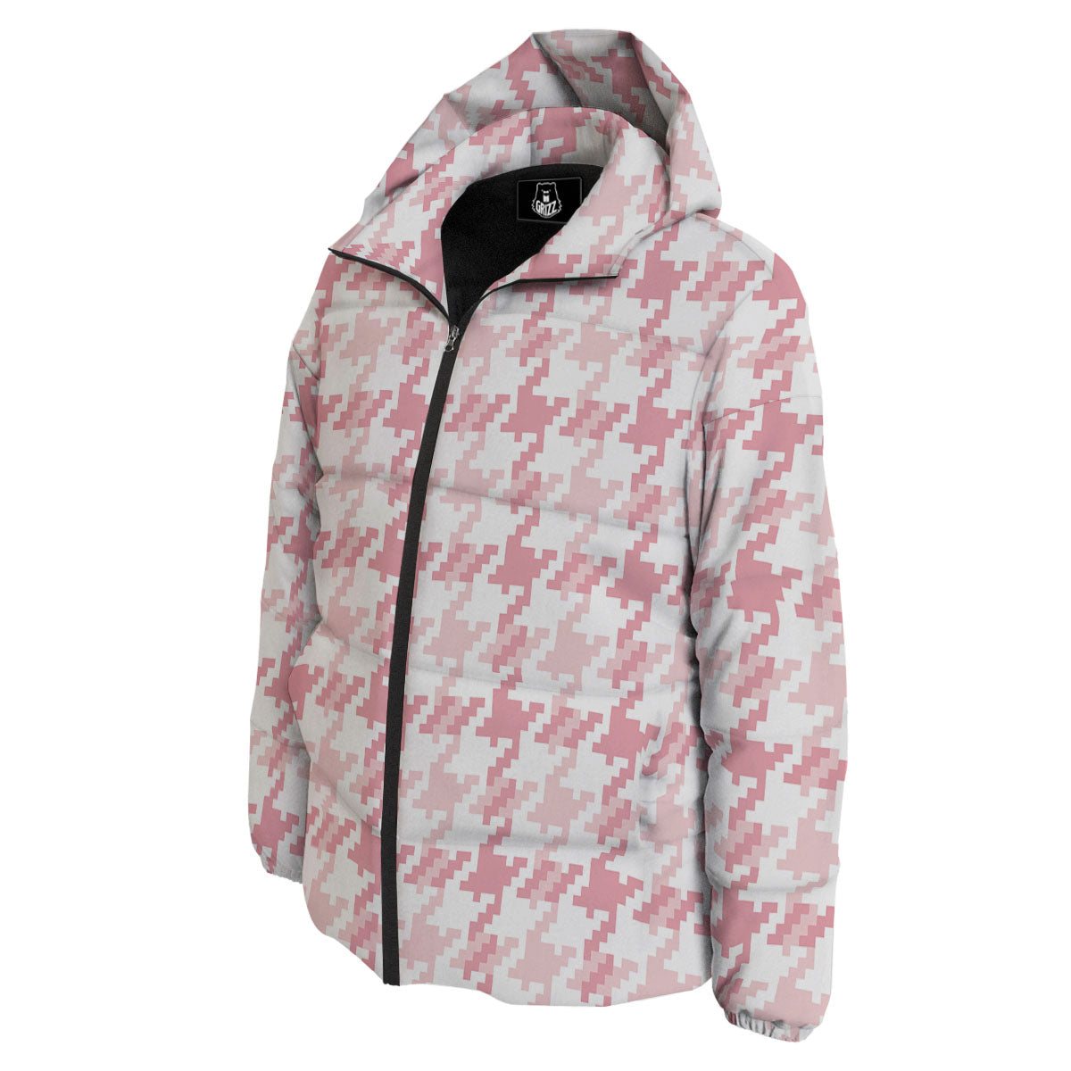 Pink Pastel And White Houndstooth Print Down Jacket-grizzshop