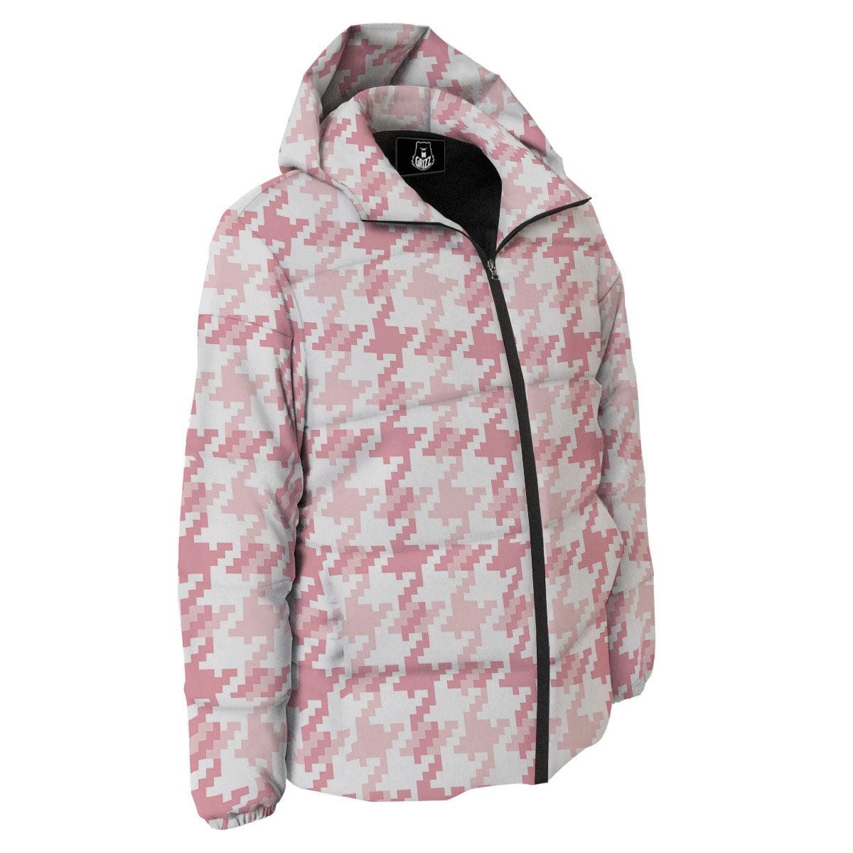 Pink Pastel And White Houndstooth Print Down Jacket-grizzshop