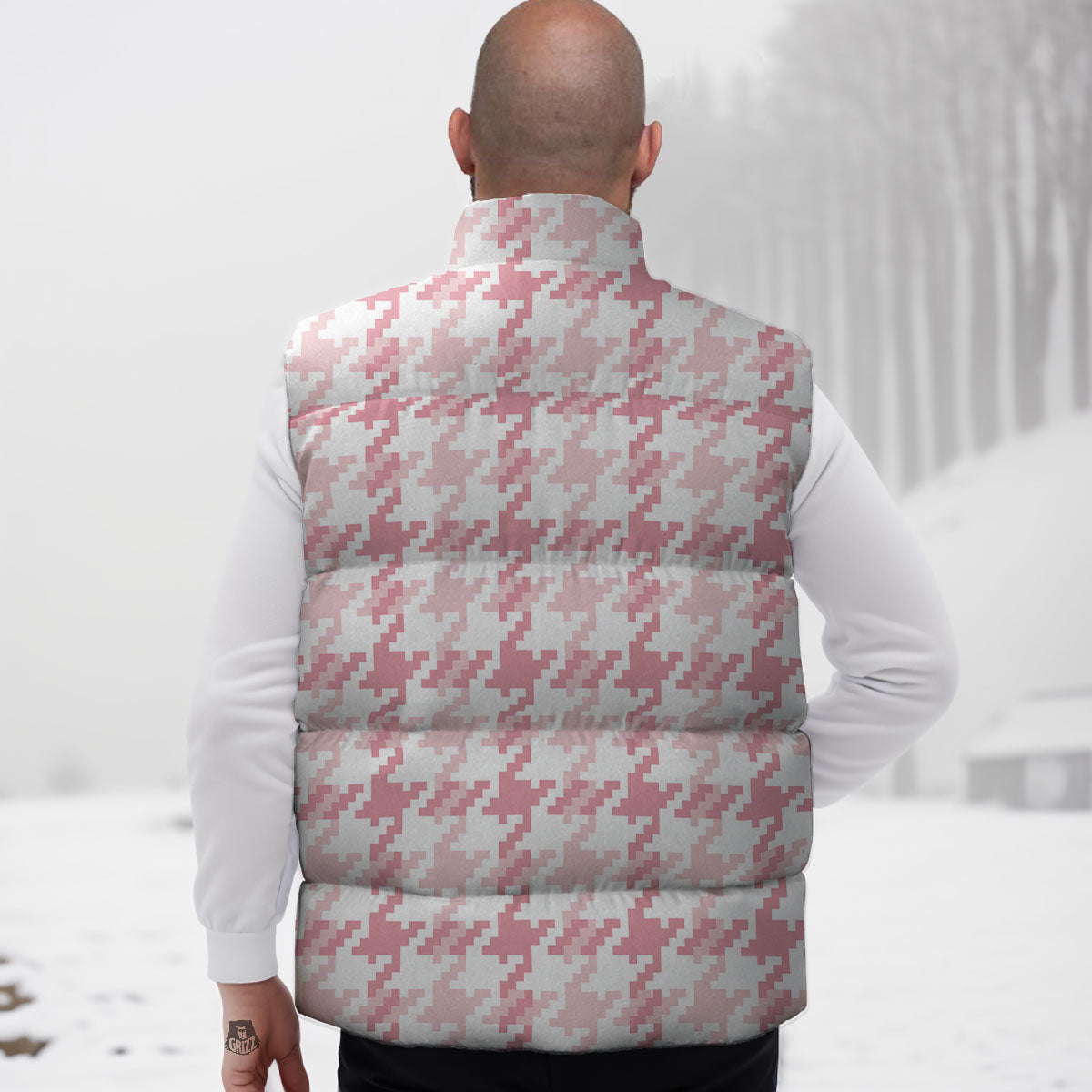 Pink Pastel And White Houndstooth Print Down Vest