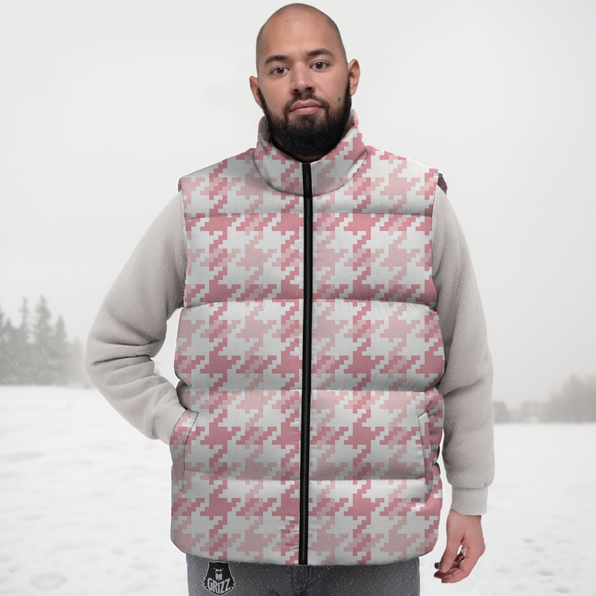 Pink Pastel And White Houndstooth Print Down Vest