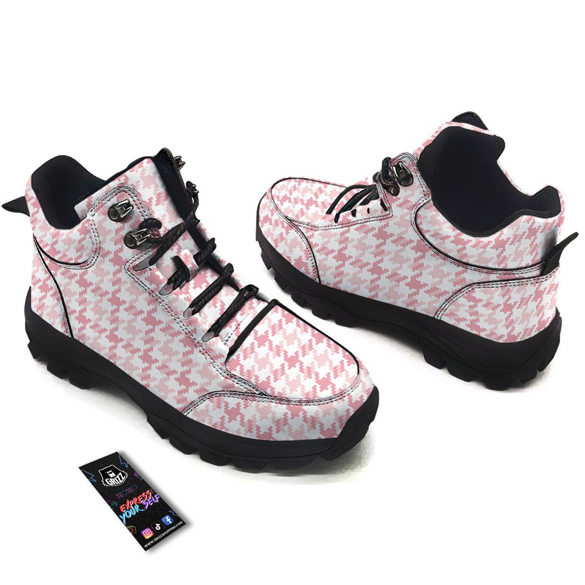 Pink Pastel And White Houndstooth Print Hiking Shoes-grizzshop