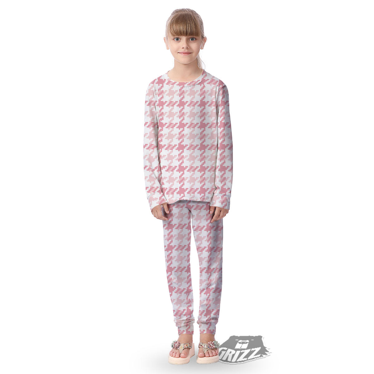 Pink Pastel And White Houndstooth Print Kid's Pajamas-grizzshop