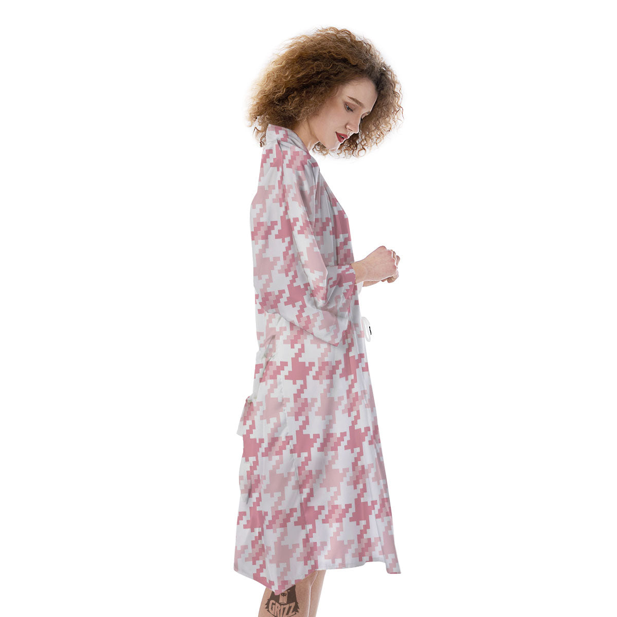 Pink Pastel And White Houndstooth Print Kimono-grizzshop