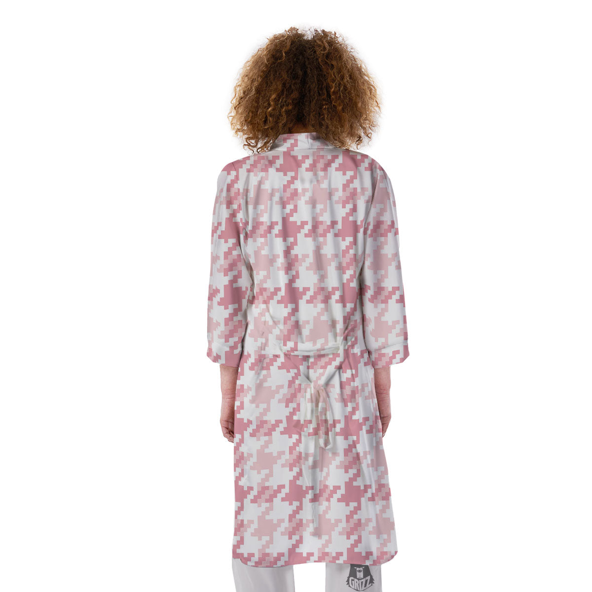 Pink Pastel And White Houndstooth Print Kimono-grizzshop