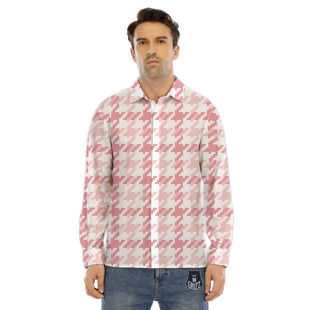 Pink Pastel And White Houndstooth Print Men's Dress Shirts-grizzshop