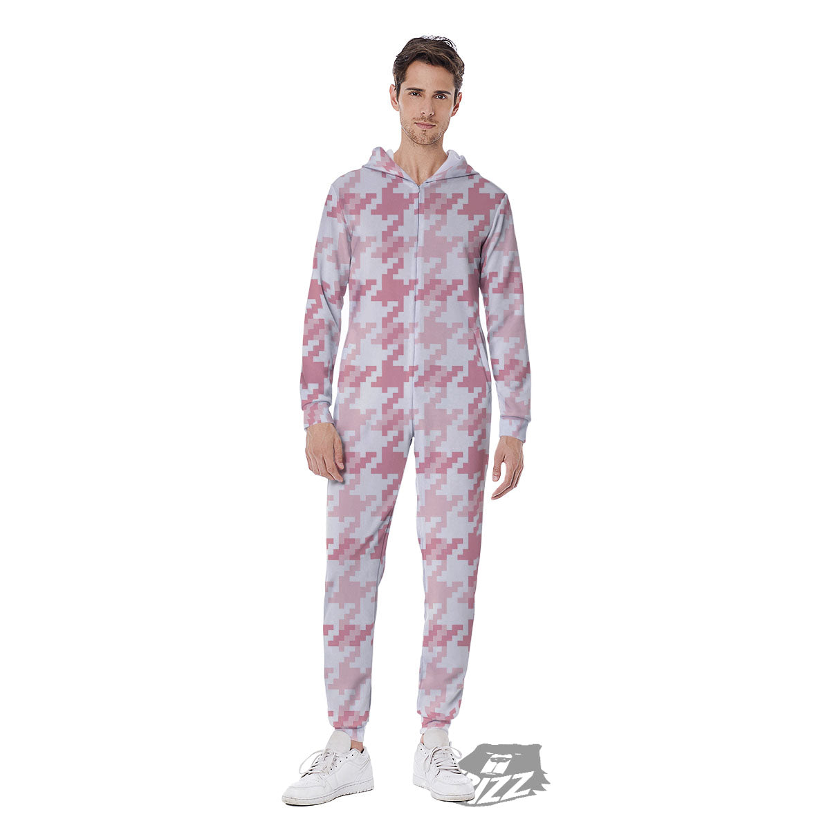 Pink Pastel And White Houndstooth Print Men's Jumpsuit-grizzshop