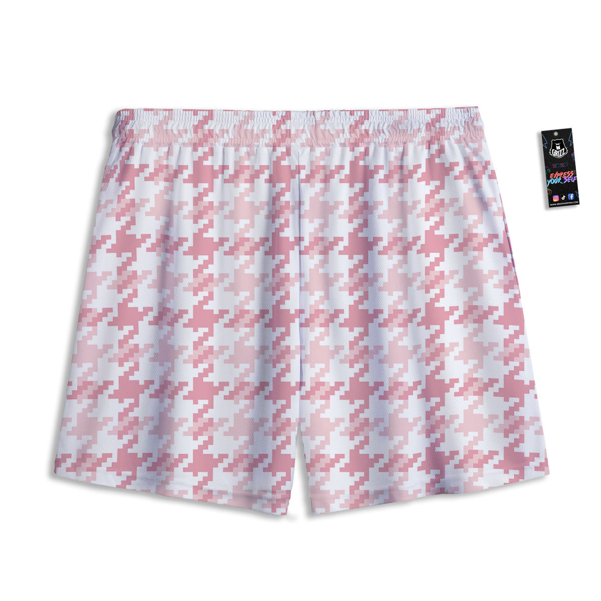 Pink Pastel And White Houndstooth Print Mesh Shorts