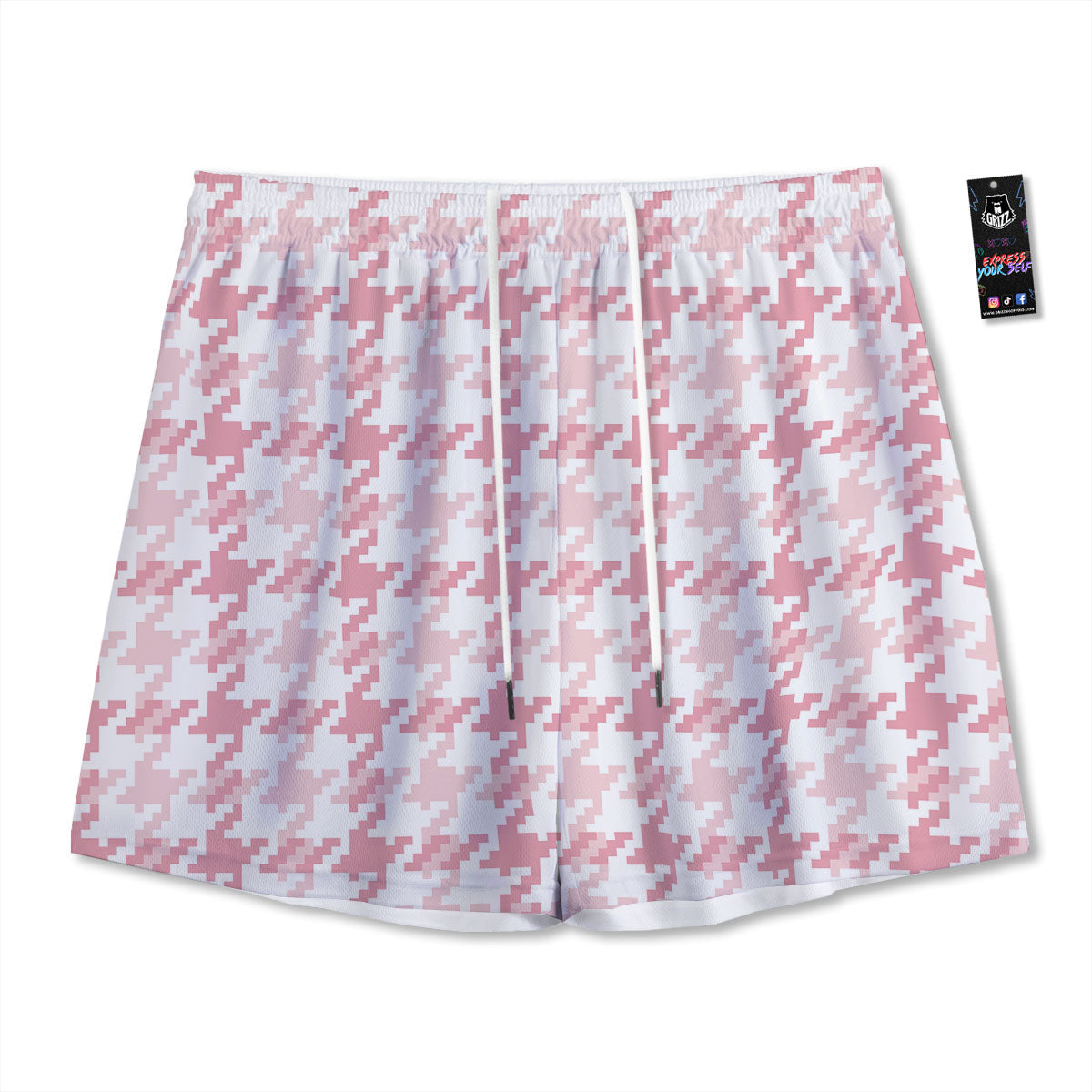Pink Pastel And White Houndstooth Print Mesh Shorts