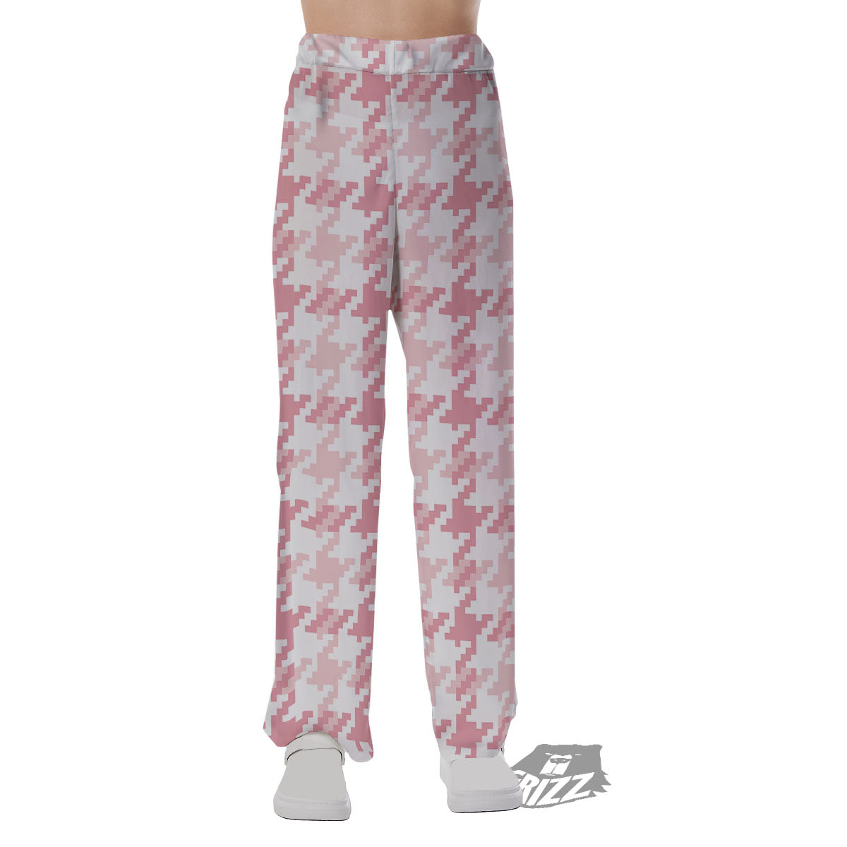 Pink Pastel And White Houndstooth Print Pajama Pants-grizzshop