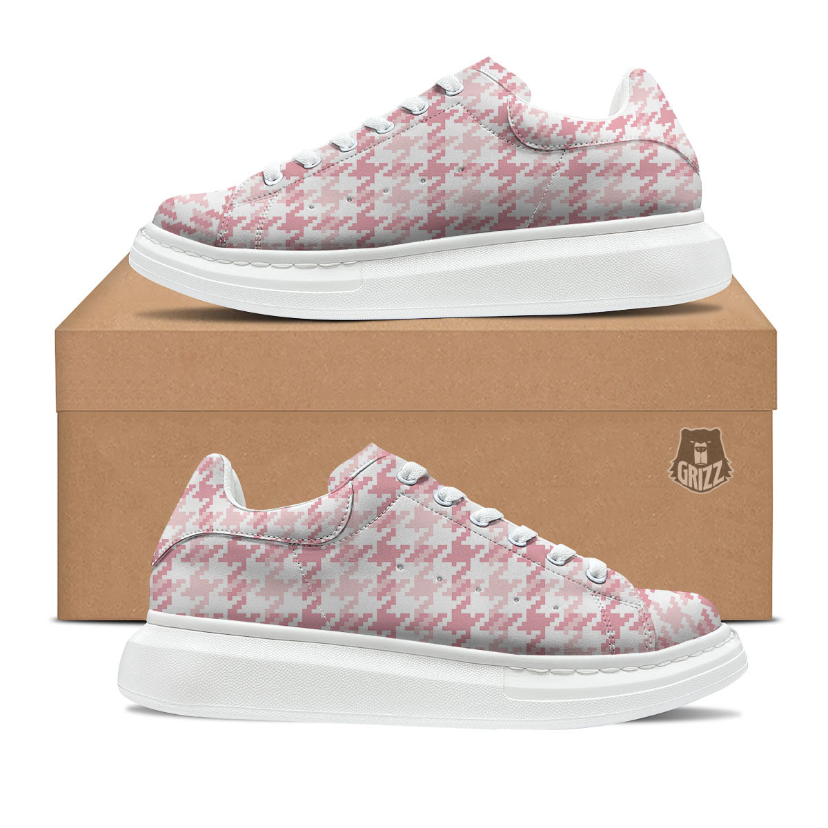 Pink Pastel And White Houndstooth Print Platform Shoes-grizzshop