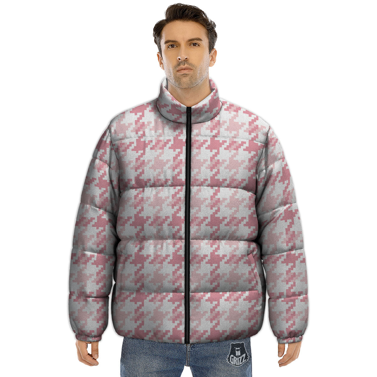 Pink Pastel And White Houndstooth Print Puffer Jacket-grizzshop