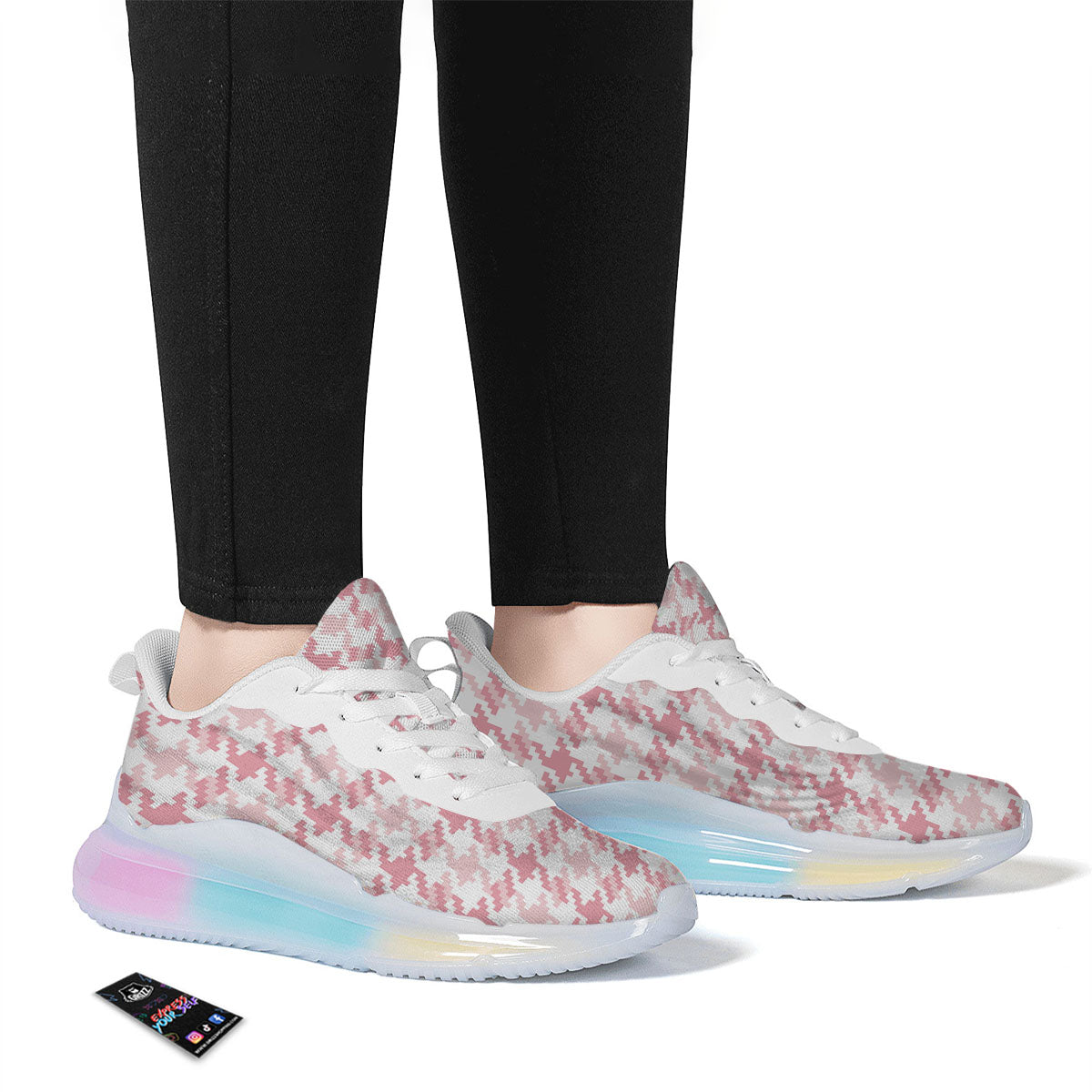 Pink Pastel And White Houndstooth Print Running Sneakers-grizzshop