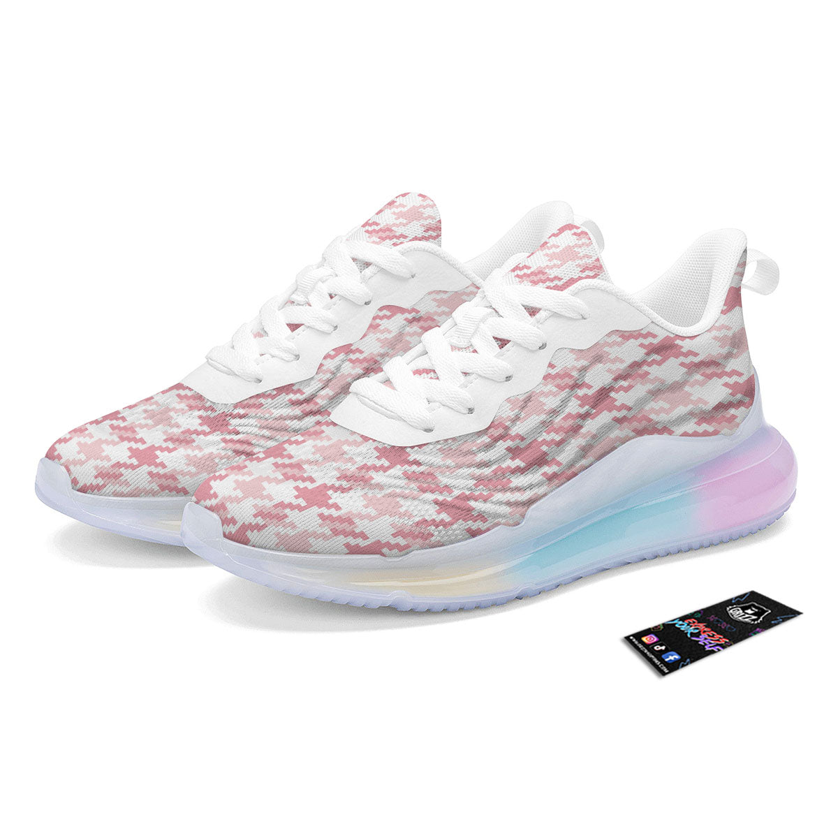 Pink Pastel And White Houndstooth Print Running Sneakers-grizzshop