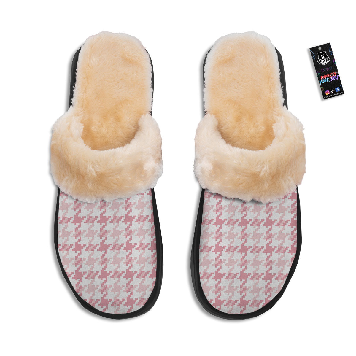 Pink Pastel And White Houndstooth Print Slippers-grizzshop