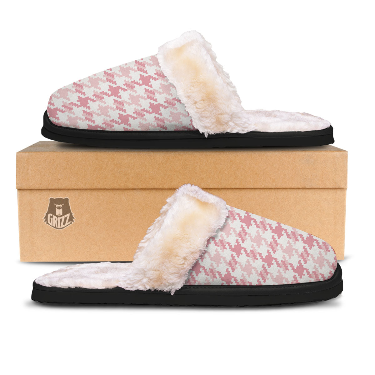 Pink Pastel And White Houndstooth Print Slippers-grizzshop