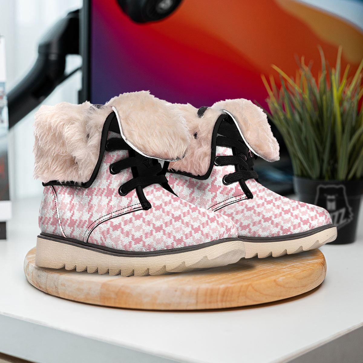 Pink Pastel And White Houndstooth Print Snow Boots-grizzshop
