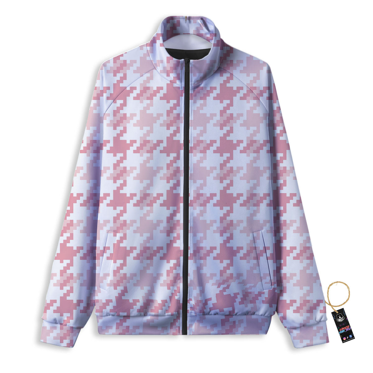 Pink Pastel And White Houndstooth Print Track Jacket-grizzshop