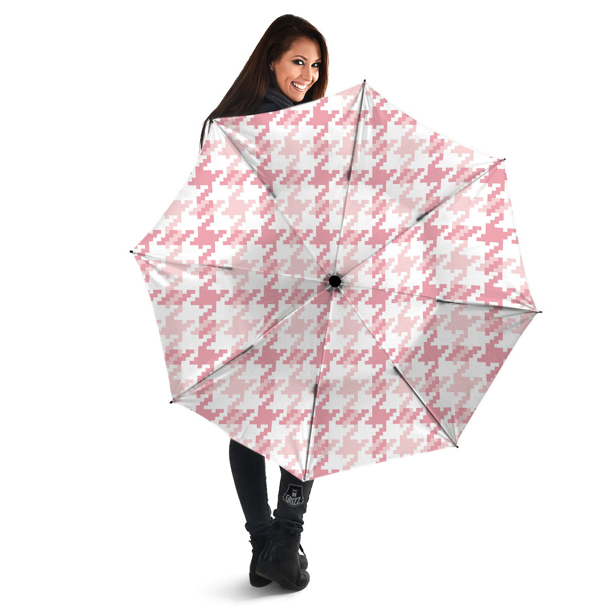 Pink Pastel And White Houndstooth Print Umbrella-grizzshop