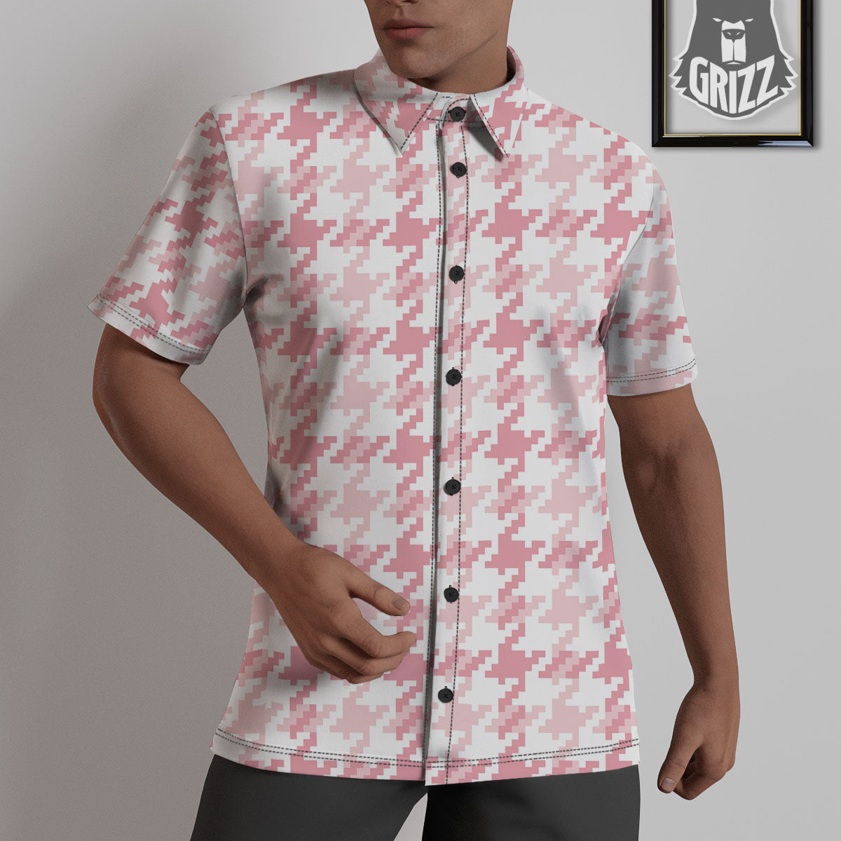 Pink Pastel And White Houndstooth Print Untucked Shirts-grizzshop