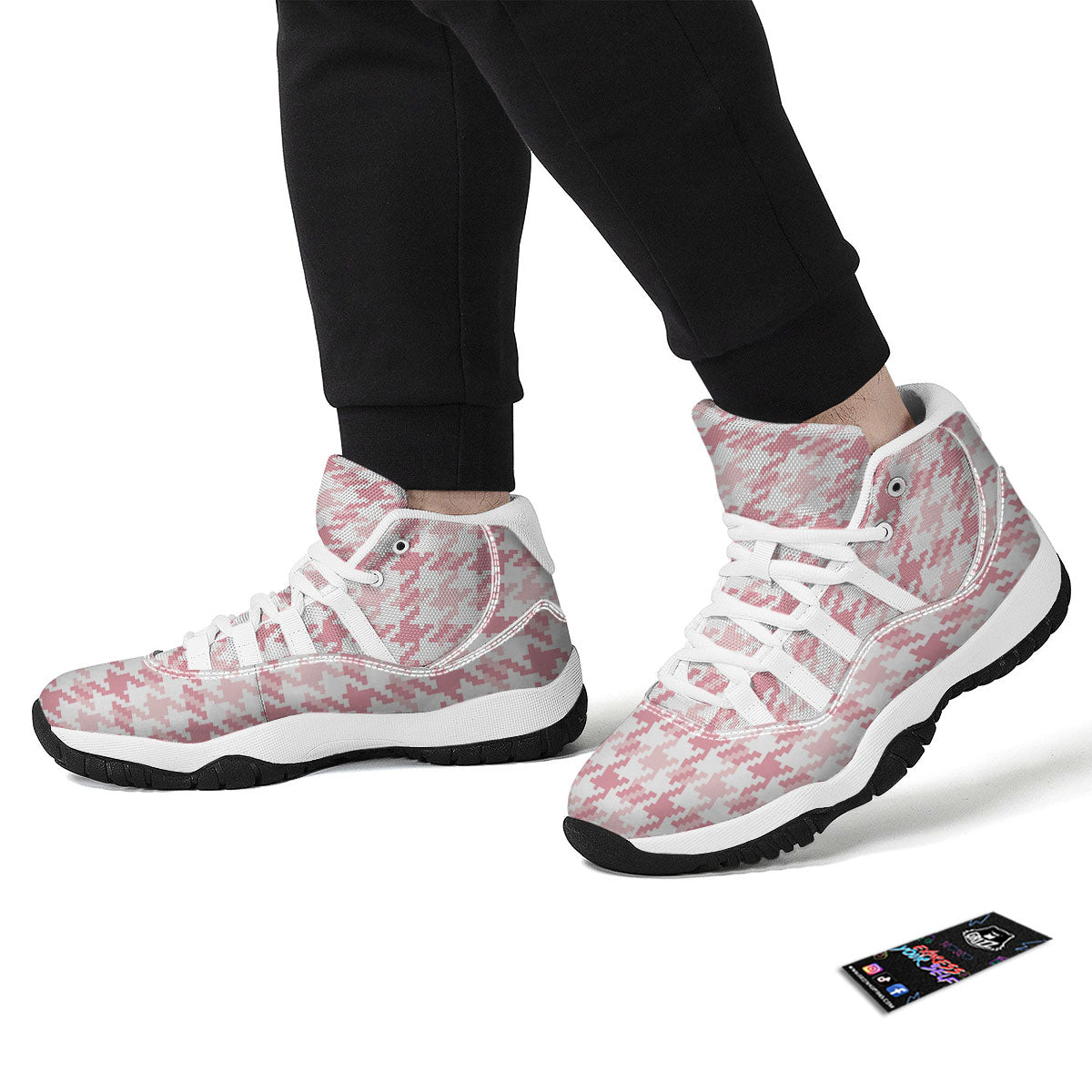 Pink Pastel And White Houndstooth Print White Bball Shoes-grizzshop
