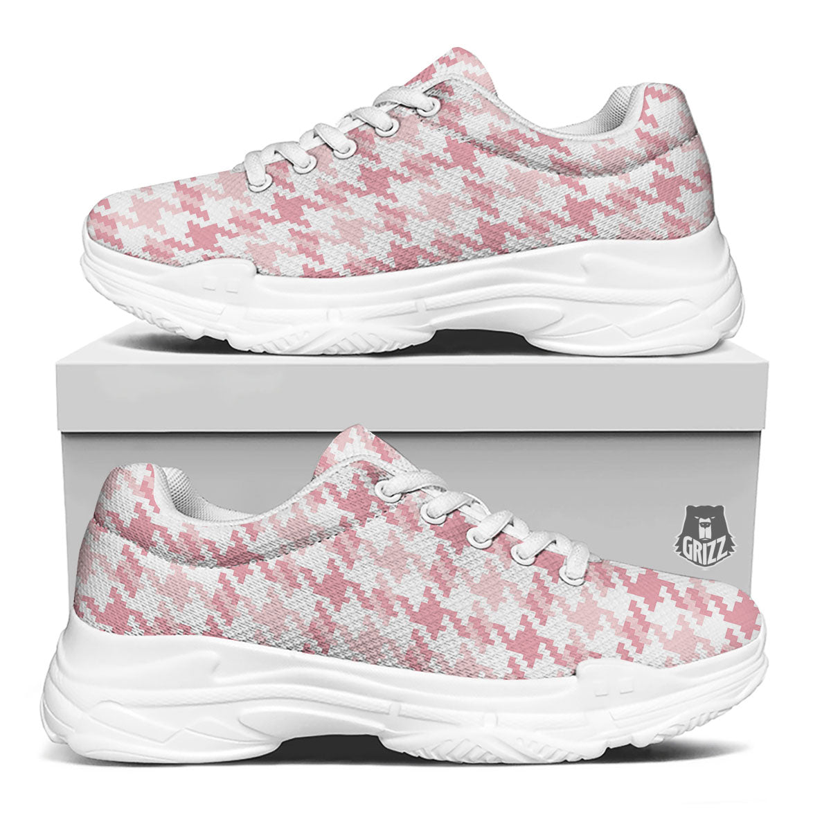 Pink Pastel And White Houndstooth Print White Chunky Shoes-grizzshop