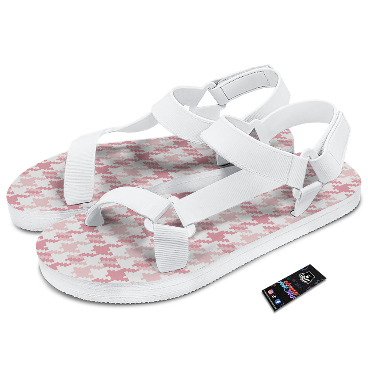Pink Pastel And White Houndstooth Print White Open Toe Sandals-grizzshop