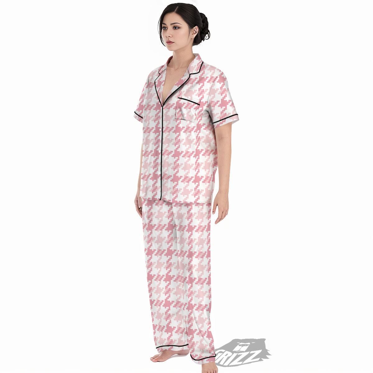 Pink Pastel And White Houndstooth Print Women's Pajamas Set-grizzshop