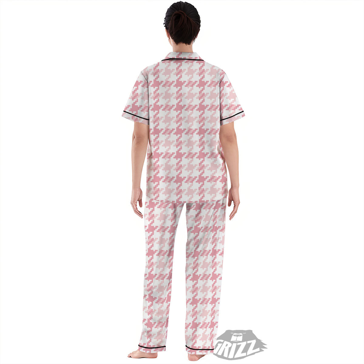 Pink Pastel And White Houndstooth Print Women's Pajamas Set-grizzshop