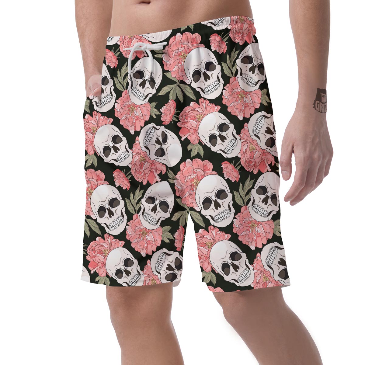 Pink Peony Skull Men's Shorts-grizzshop