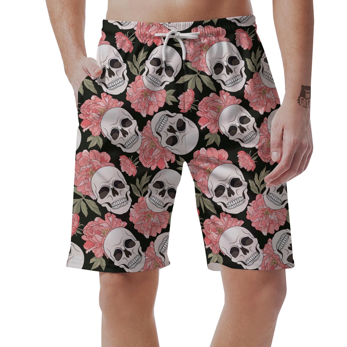 Pink Peony Skull Men's Shorts-grizzshop