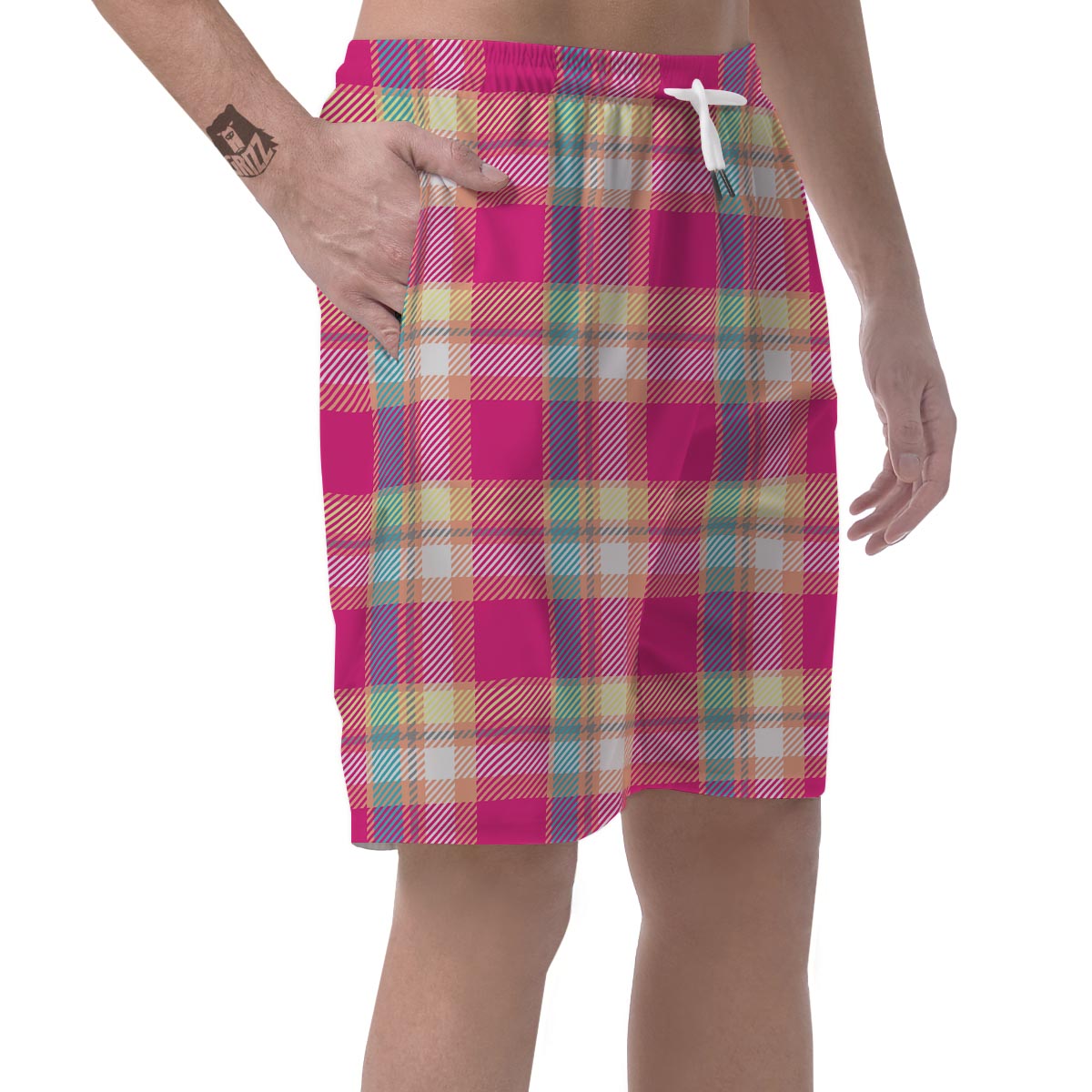 Pink Plaid Tartan Print Men's Shorts-grizzshop