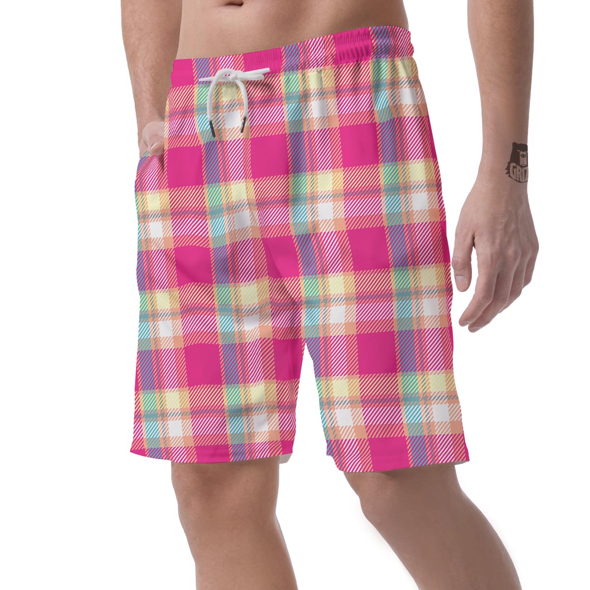 Pink Plaid Tartan Print Men's Shorts-grizzshop