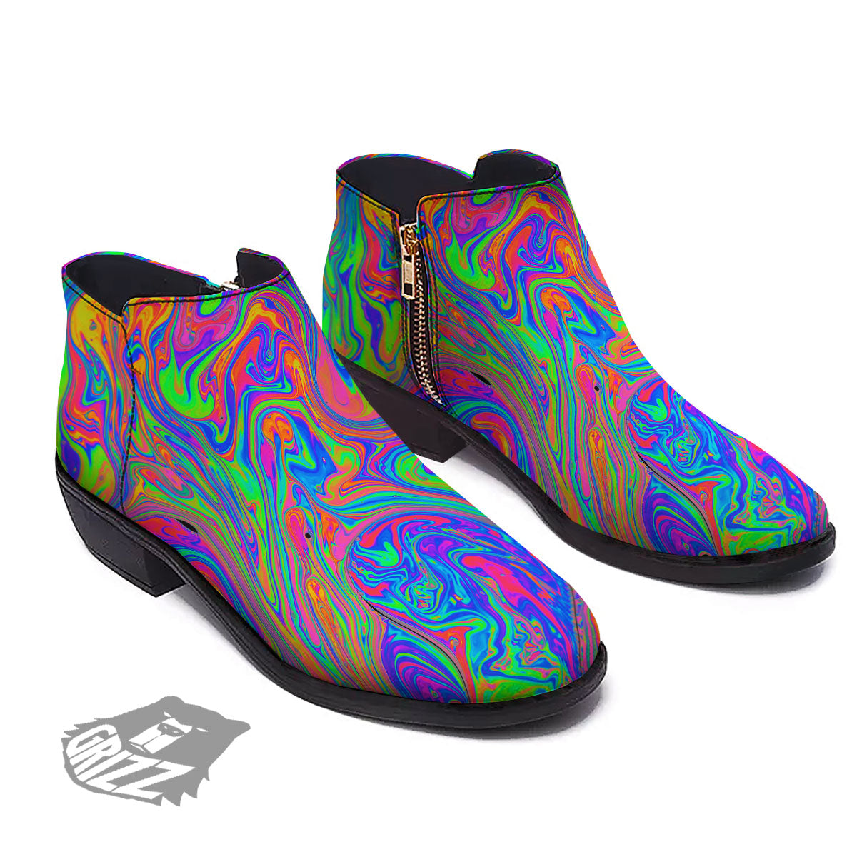 Pink Psychedelic Trippy Neon Green Print Ankle Boots-grizzshop