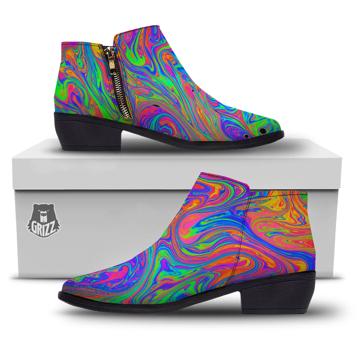 Pink Psychedelic Trippy Neon Green Print Ankle Boots-grizzshop