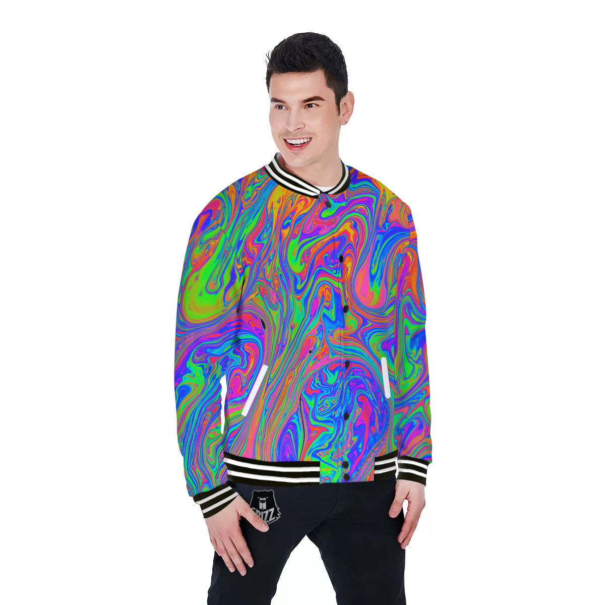 Pink Psychedelic Trippy Neon Green Print Baseball Jacket-grizzshop