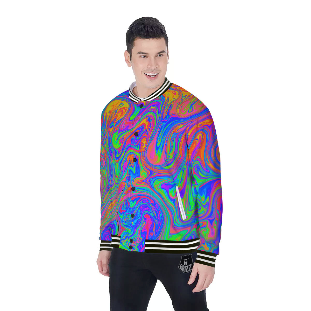 Pink Psychedelic Trippy Neon Green Print Baseball Jacket-grizzshop