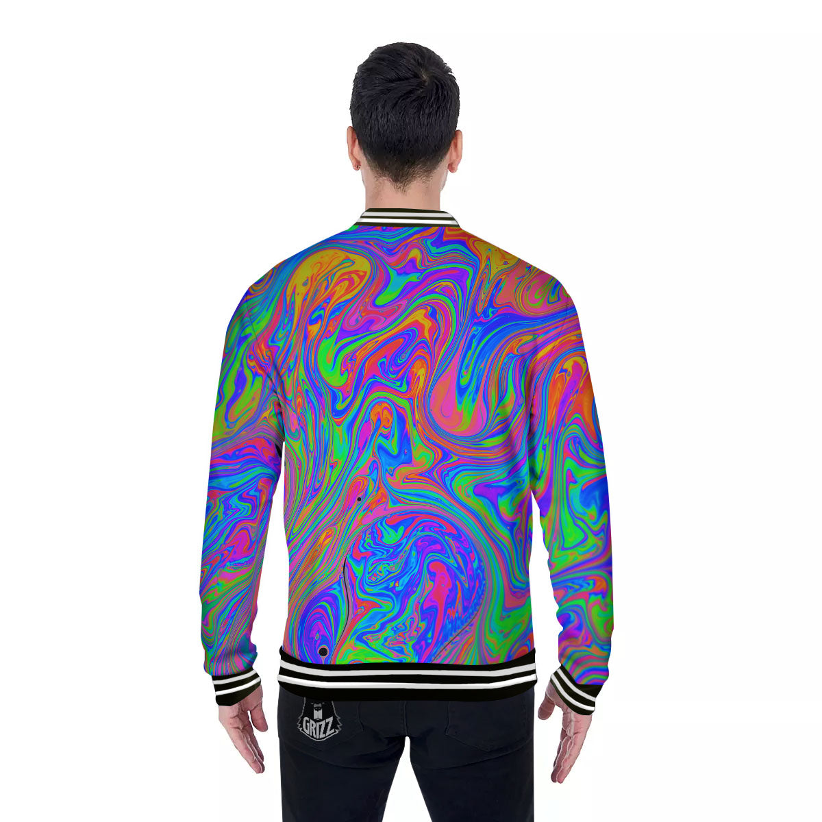 Pink Psychedelic Trippy Neon Green Print Baseball Jacket-grizzshop