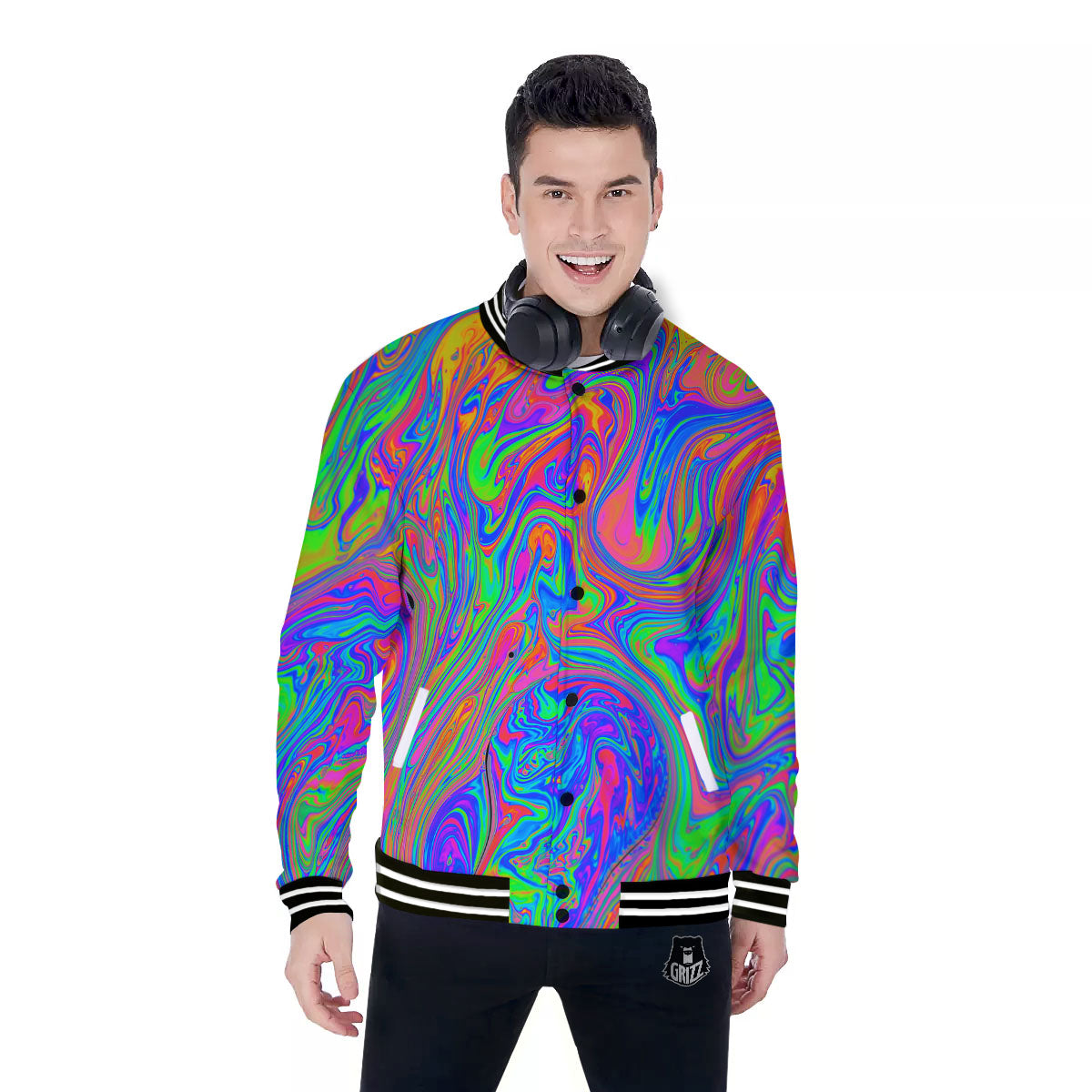 Pink Psychedelic Trippy Neon Green Print Baseball Jacket-grizzshop