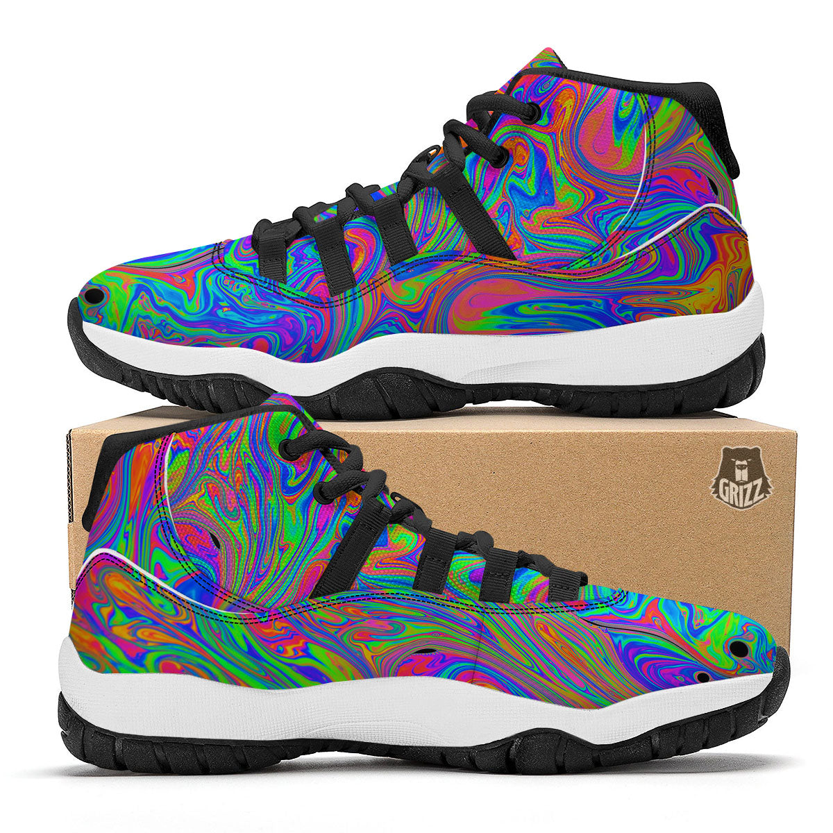 Pink Psychedelic Trippy Neon Green Print Black Bball Shoes-grizzshop