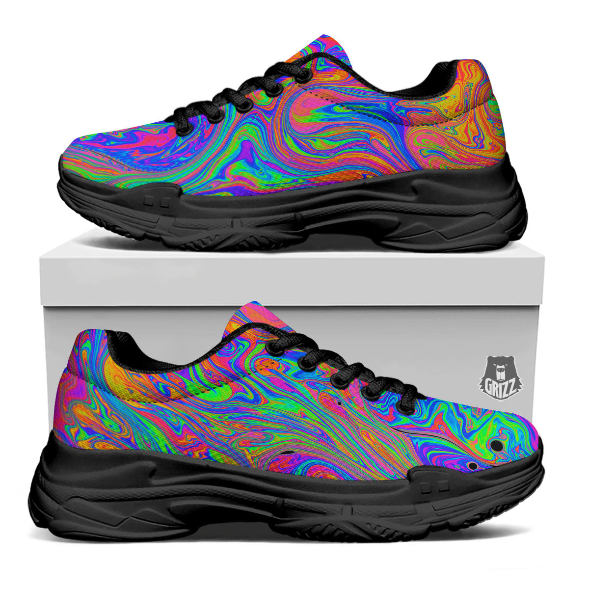 Pink Psychedelic Trippy Neon Green Print Black Chunky Shoes-grizzshop
