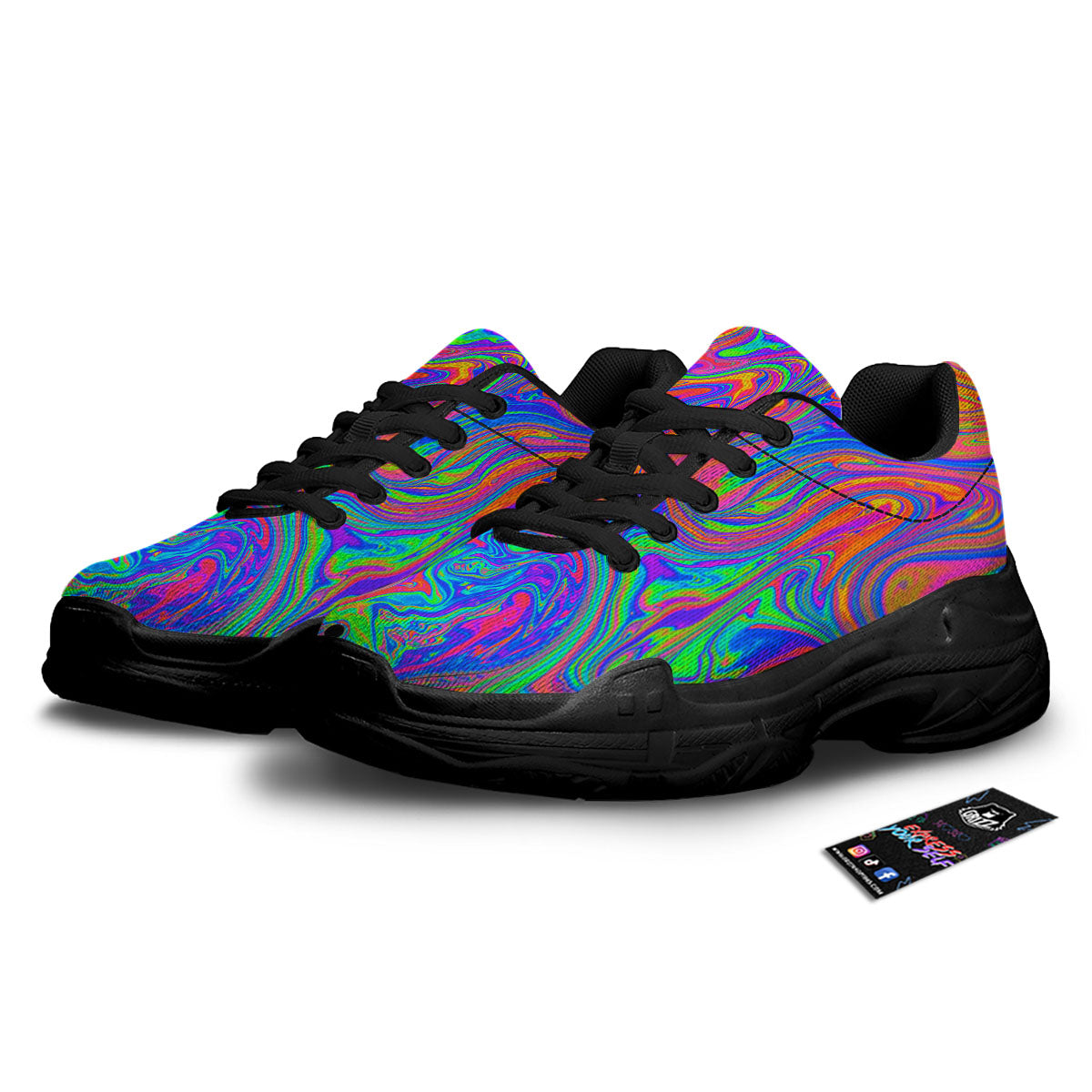 Pink Psychedelic Trippy Neon Green Print Black Chunky Shoes-grizzshop