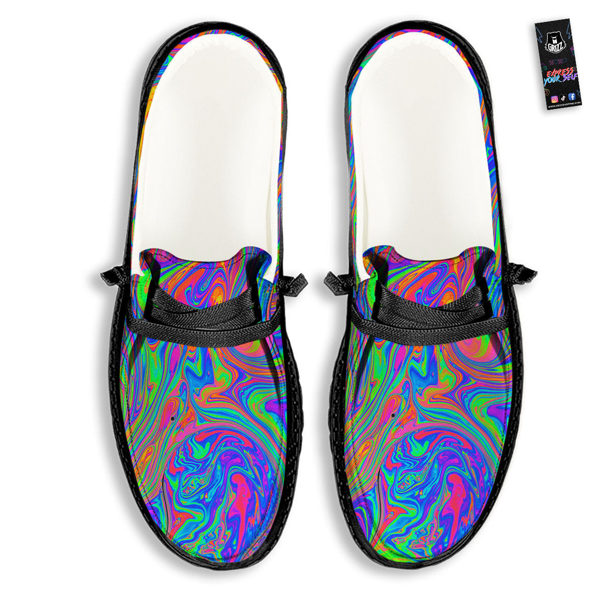 Pink Psychedelic Trippy Neon Green Print Black Loafers-grizzshop