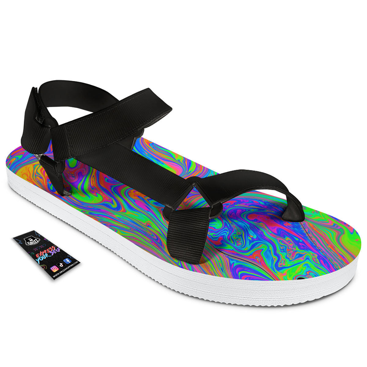 Pink Psychedelic Trippy Neon Green Print Black Open Toe Sandals-grizzshop