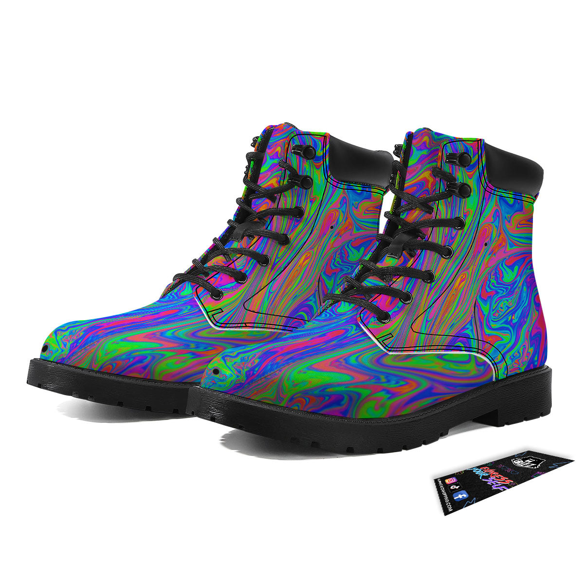 Pink Psychedelic Trippy Neon Green Print Boots-grizzshop