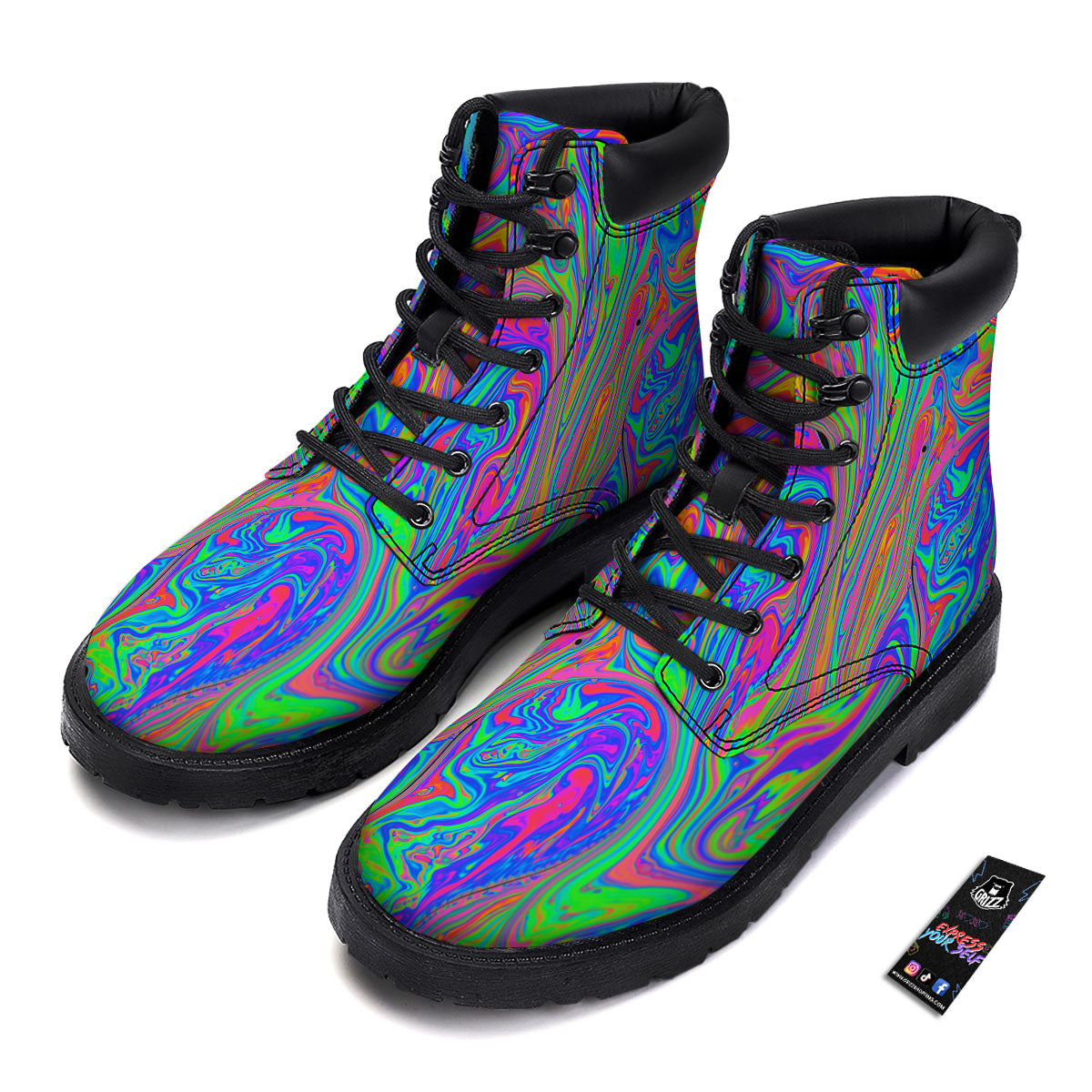 Pink Psychedelic Trippy Neon Green Print Boots-grizzshop