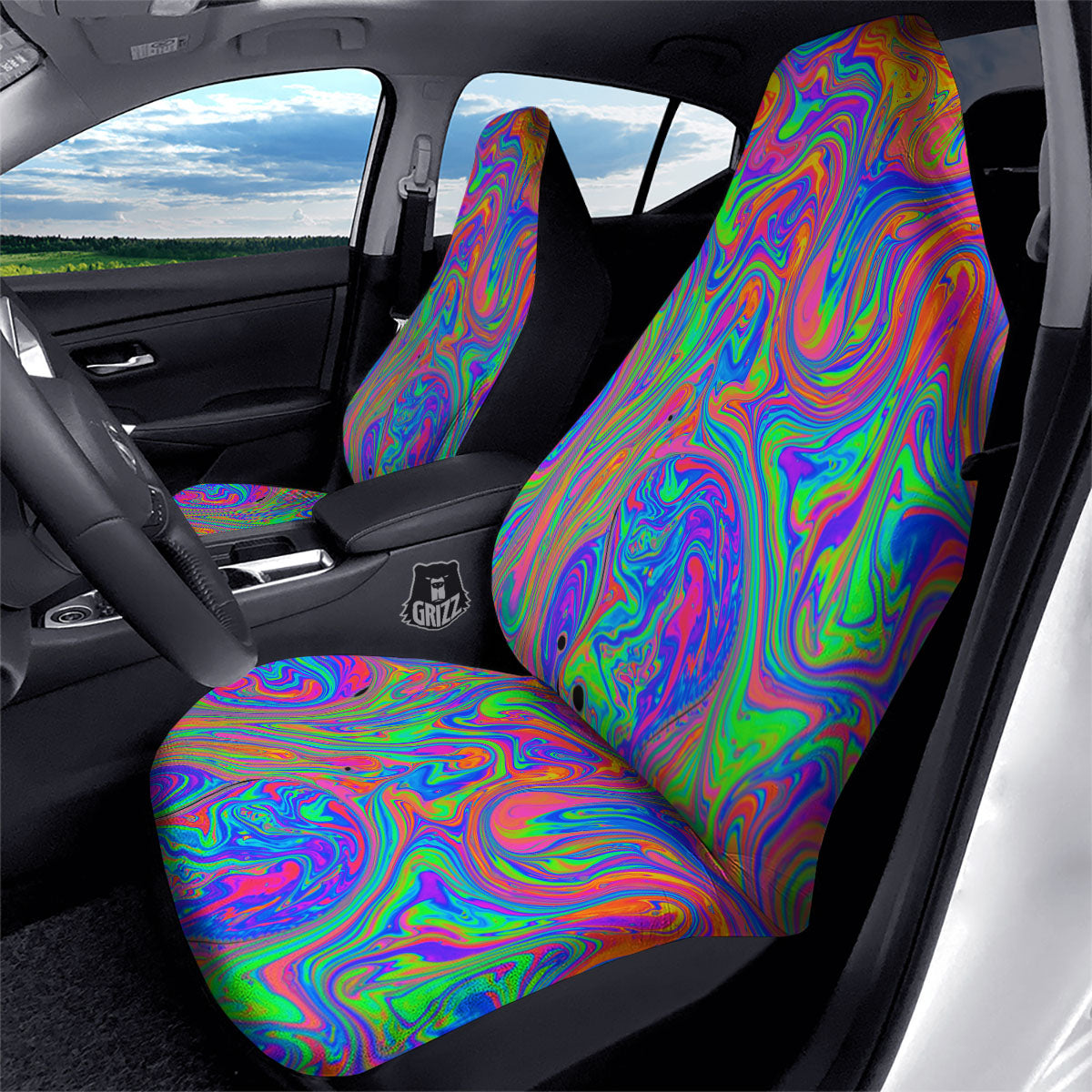Pink Psychedelic Trippy Neon Green Print Car Seat Covers-grizzshop