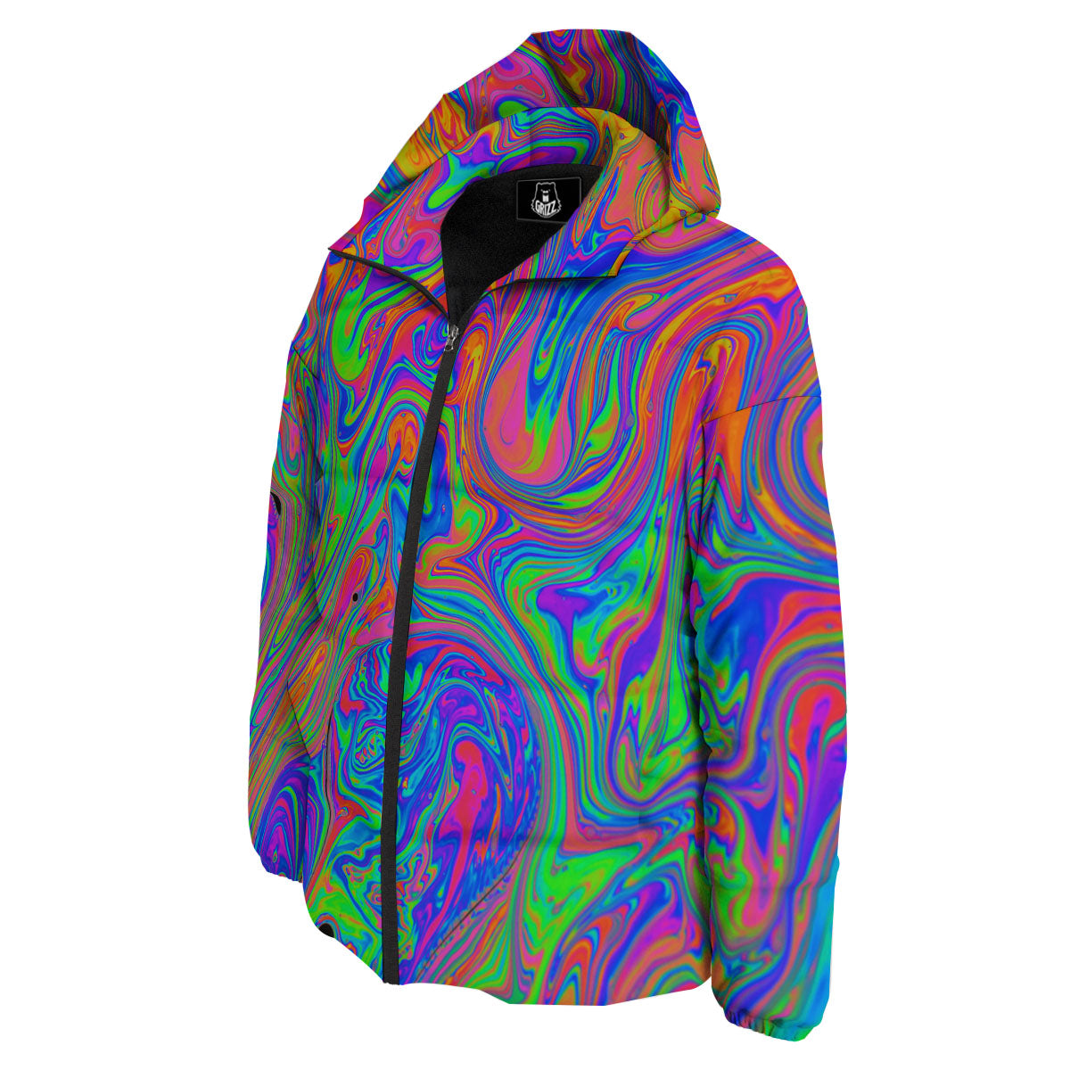 Pink Psychedelic Trippy Neon Green Print Down Jacket-grizzshop